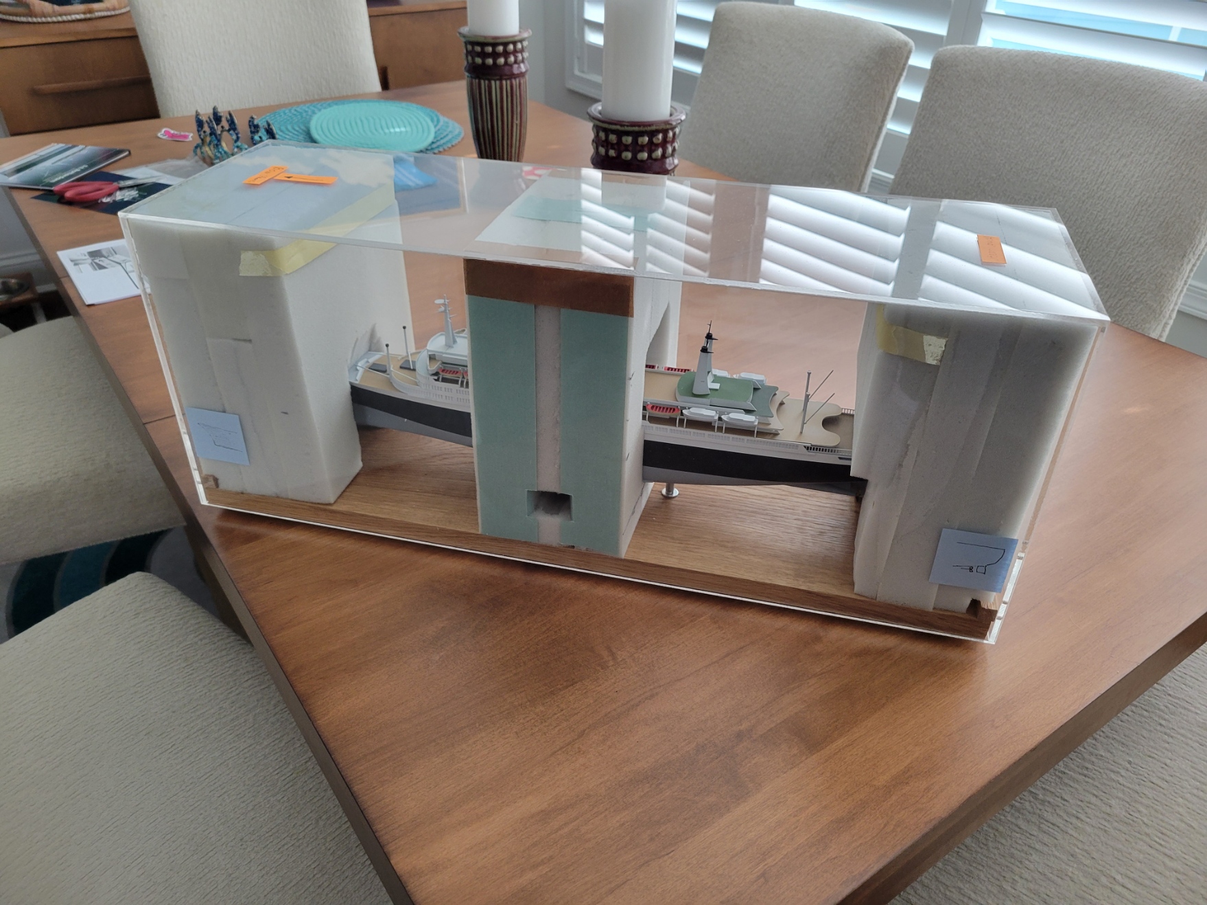 SS Rotterdam V scale model at step 6 of the unpacking process, showing careful packaging removal