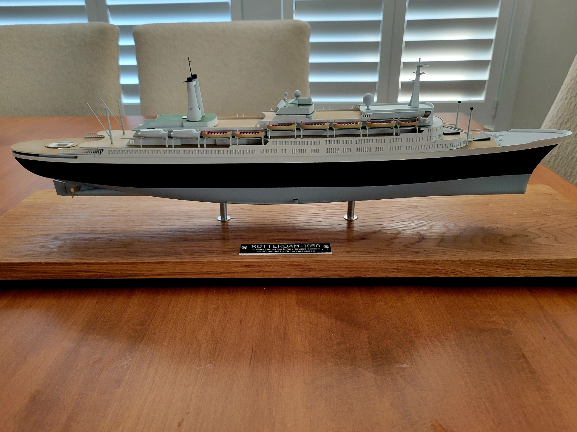 Onno Heesbeen’s SS Rotterdam V scale model mounted on a wooden platform